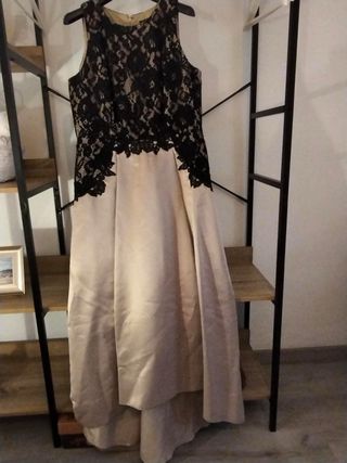 Vestido largo encaje beige y negro