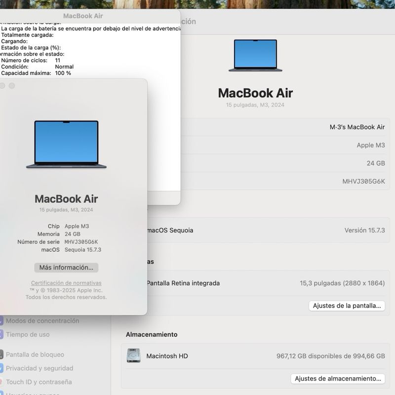 15” 24Gb 1TB AIR Macbook  100%_Bateria SemiNuevo