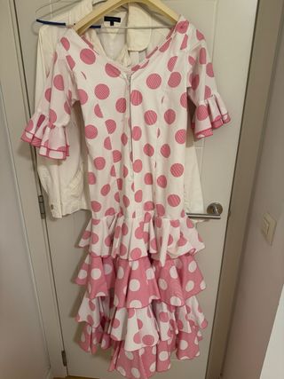 Vestido Flamenca Lunares Rosa y Blanco