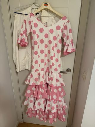 Vestido Flamenca Lunares Rosa y Blanco