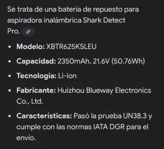 Batería aspiradora Shark Detect Pro