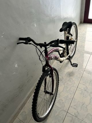 Bicicleta de niña morada y blanca