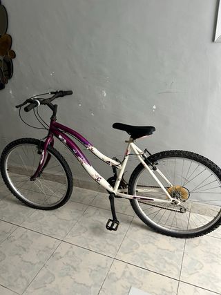 Bicicleta de niña morada y blanca