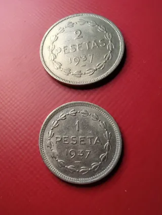 Monedas Euskadi 2 y 1 Peseta 1937 niquel