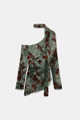 Top Zara flores verde lazo asimétrico Talla M