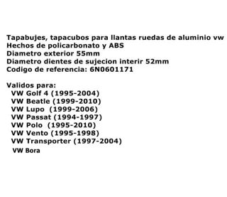 Golf Mk4 Tapabujes Vw 55mm Centro de Llantas Rueda