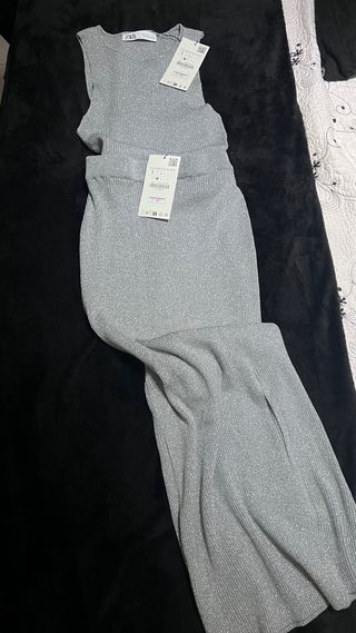 Conjunto Zara Top y Falda Larga Plateado
