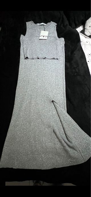 Conjunto Zara Top y Falda Larga Plateado