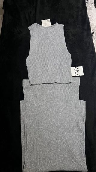 Conjunto Zara Top y Falda Larga Plateado