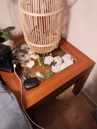 Conjunto 2 mesas auxiliares madera y cristal