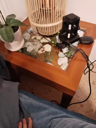 Conjunto 2 mesas auxiliares madera y cristal