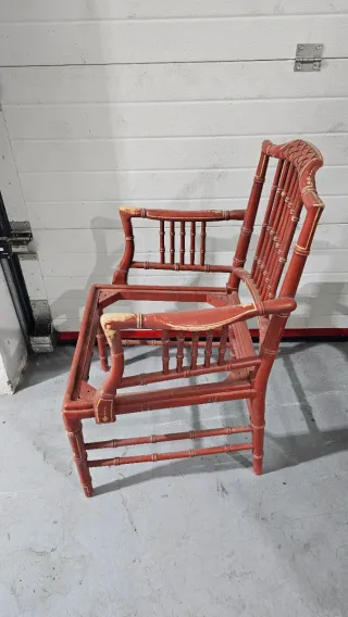 4 Sillones madera imitación bambú rojo y dorado