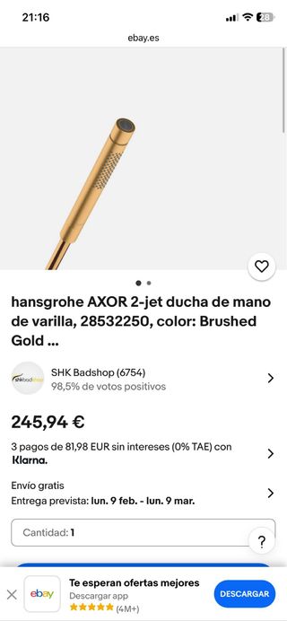 Telefonillo Ducha Hansgrohe Axor Dorado