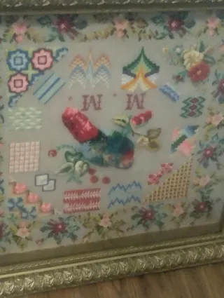 Cuadro bordado antiguo ~150 años