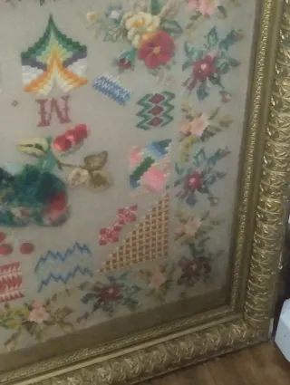 Cuadro bordado antiguo ~150 años