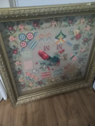 Cuadro bordado antiguo ~150 años