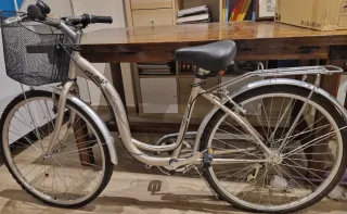 Bicicleta urbana plateada con cesta