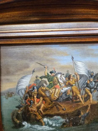 Óleo antiguo escena batalla