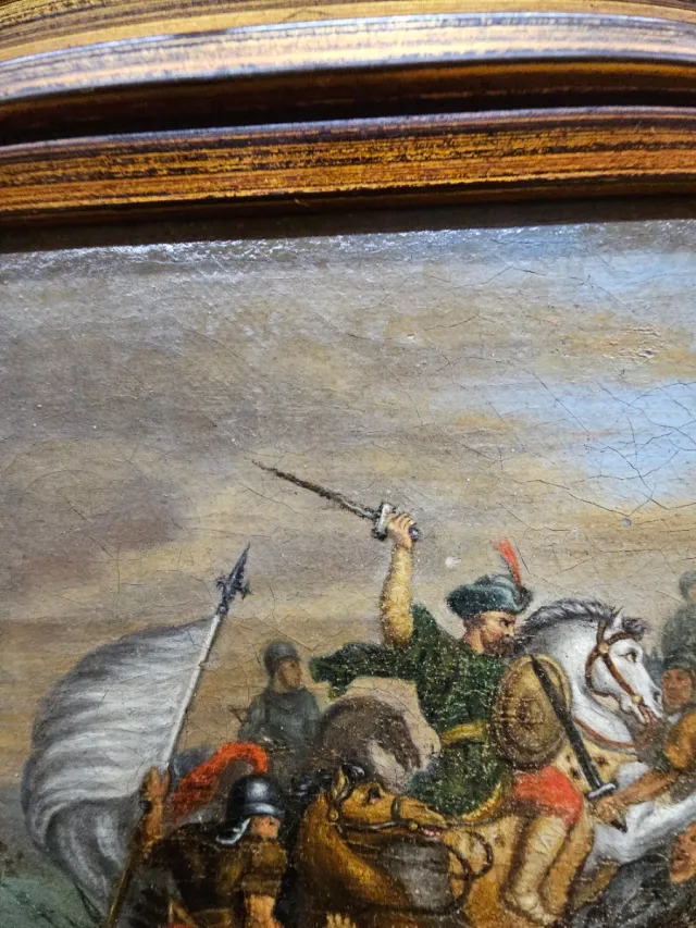 Óleo antiguo escena batalla