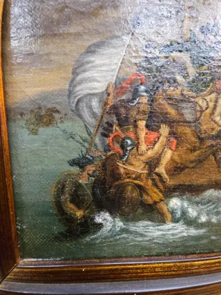 Óleo antiguo escena batalla