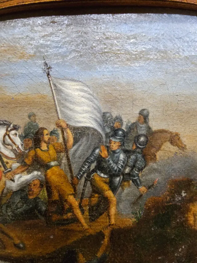 Óleo antiguo escena batalla