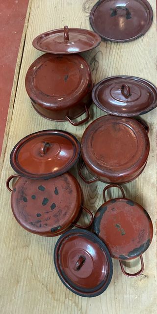 Lote 4 cazuelas esmaltadas rojas antiguas