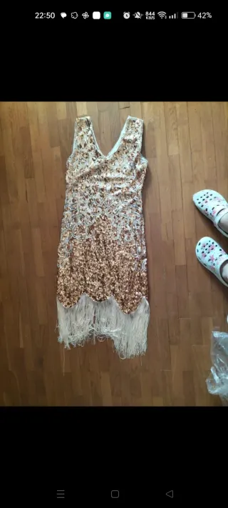 Vestido Charleston dorado lentejuelas flecos T38