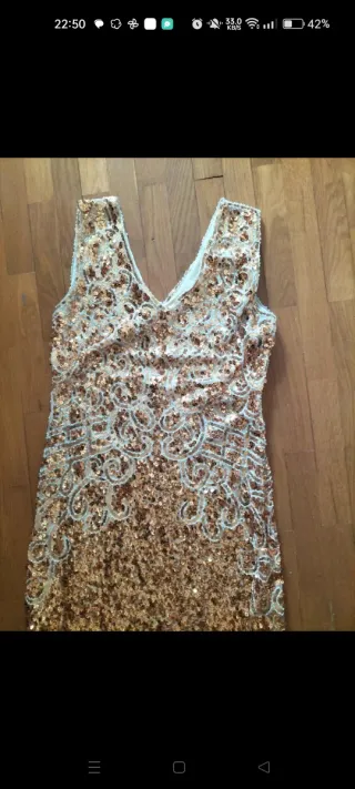 Vestido Charleston dorado lentejuelas flecos T38