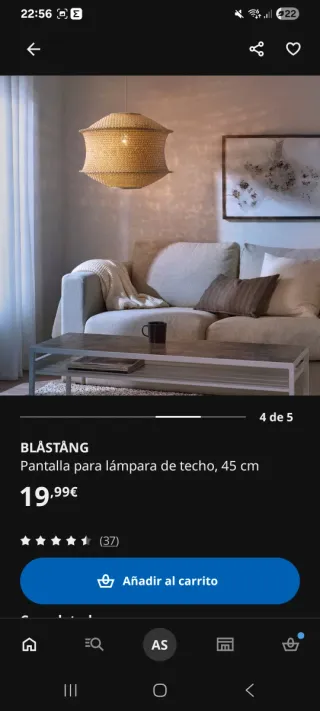 Pantalla lámpara techo Ikea Blåstång 45cm