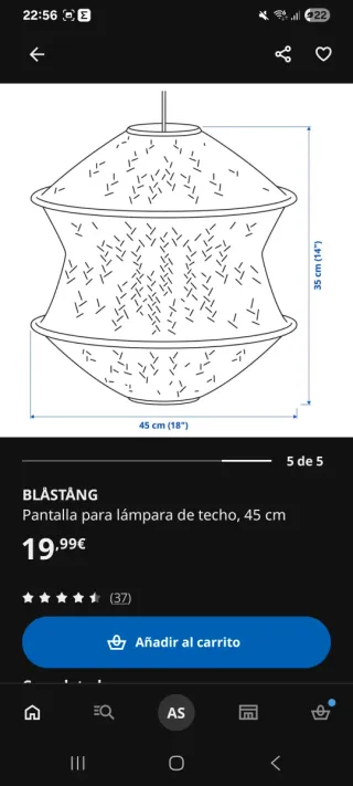 Pantalla lámpara techo Ikea Blåstång 45cm