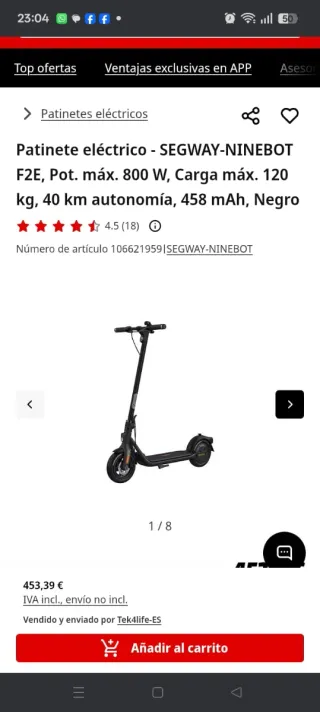 Patinete Eléctrico Ninebot F2E Negro
