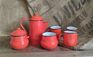 Juego Té Rojo Metal Esmaltado Vintage