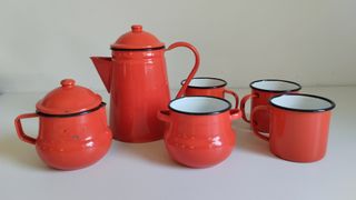 Juego Té Rojo Metal Esmaltado Vintage