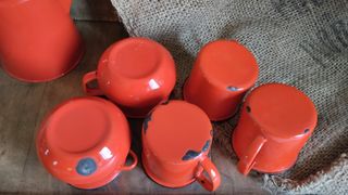 Juego Té Rojo Metal Esmaltado Vintage