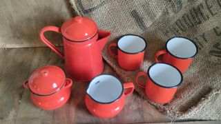 Juego Té Rojo Metal Esmaltado Vintage