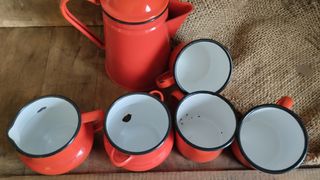 Juego Té Rojo Metal Esmaltado Vintage