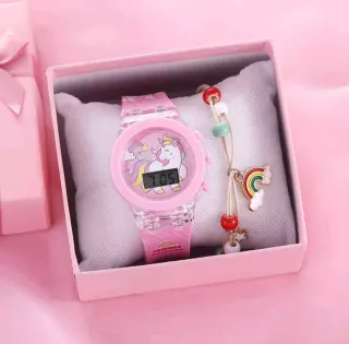 Conjunto Reloj Unicornio y Pulsera Arcoíris