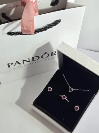 Conjunto Pandora Corazón Rojo y Plata