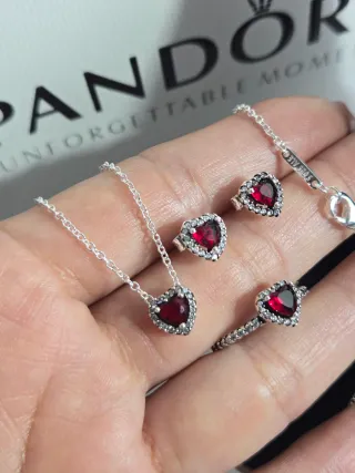 Conjunto Pandora Corazón Rojo y Plata