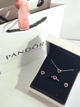 Conjunto Pandora Corazón Rojo y Plata