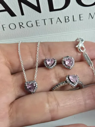 Conjunto Pandora Corazón Rosa y Plata