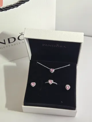 Conjunto Pandora Corazón Rosa y Plata