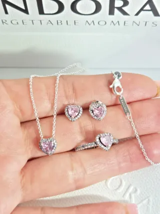 Conjunto Pandora Corazón Rosa y Plata