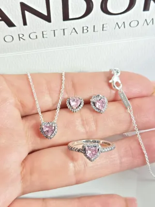 Conjunto Pandora Corazón Rosa y Plata