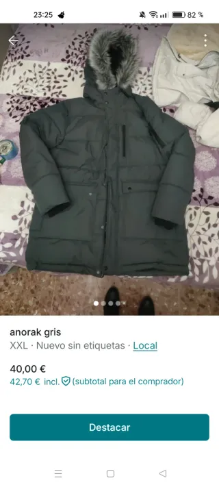 Anorak gris capucha pelo XXL