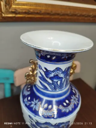 Jarrón Vintage Porcelana Azul y Dorado