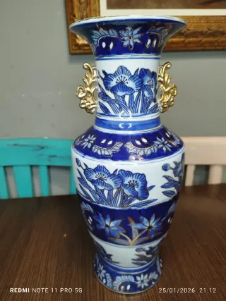 Jarrón Vintage Porcelana Azul y Dorado
