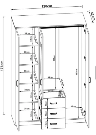 Armario 3 puertas madera con espejo y cajones