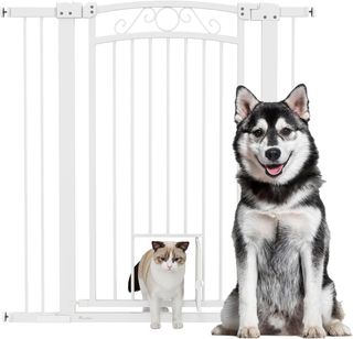 Reja de Seguridad para Perros de Interior, Reja para Perros con 2 Extensiones 76-104 Cm y Puerta para Gatos, Cancel de Perros Animales Domésticos Alto 106 Cm, para Pasillo y Escaleras, Blanco