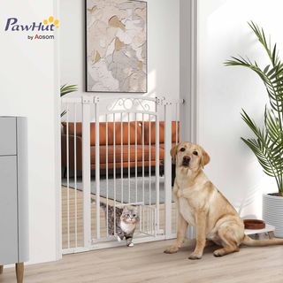 Reja de Seguridad para Perros de Interior, Reja para Perros con 2 Extensiones 76-104 Cm y Puerta para Gatos, Cancel de Perros Animales Domésticos Alto 106 Cm, para Pasillo y Escaleras, Blanco